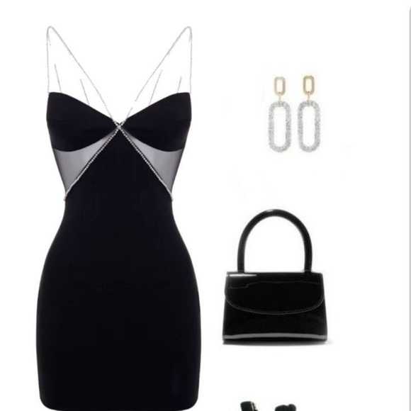 LITTLE BLACK MINI DRESS SEXY CRYSTAL CROSS STRAP DETAIL - Picture 3 of 5